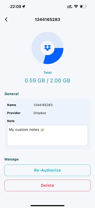 Clouster cloud space detail screen showing storage usage donut chart and account management options
