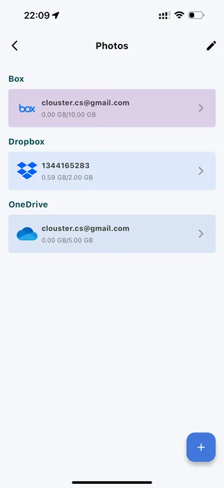 Clouster group view showing Box, Dropbox and OneDrive accounts with their storage usage